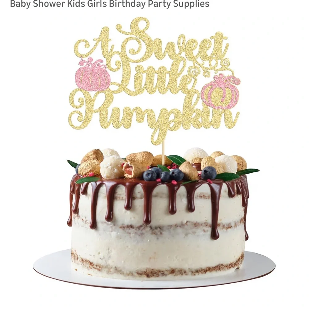 Gold Glitter 'A Sweet Little Pumpkin' Cake Topper with Pink Pumpkin Accents